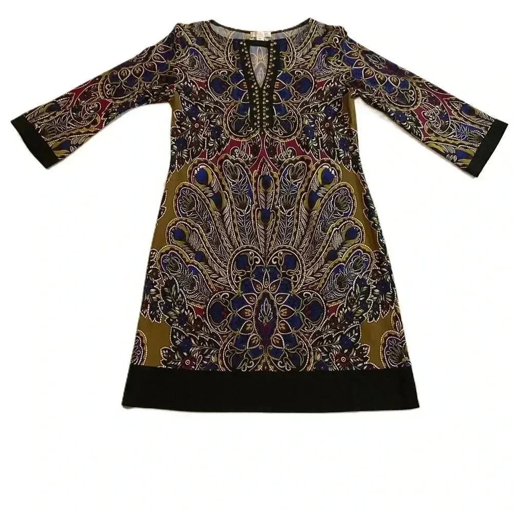 London Times Womens Patterned 3/4 Sleeve Sheath Dress Studded Neckline Size 6